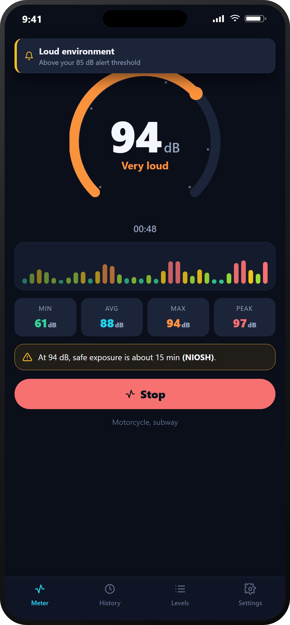 NoiseLog alert screen warning at 94 dB