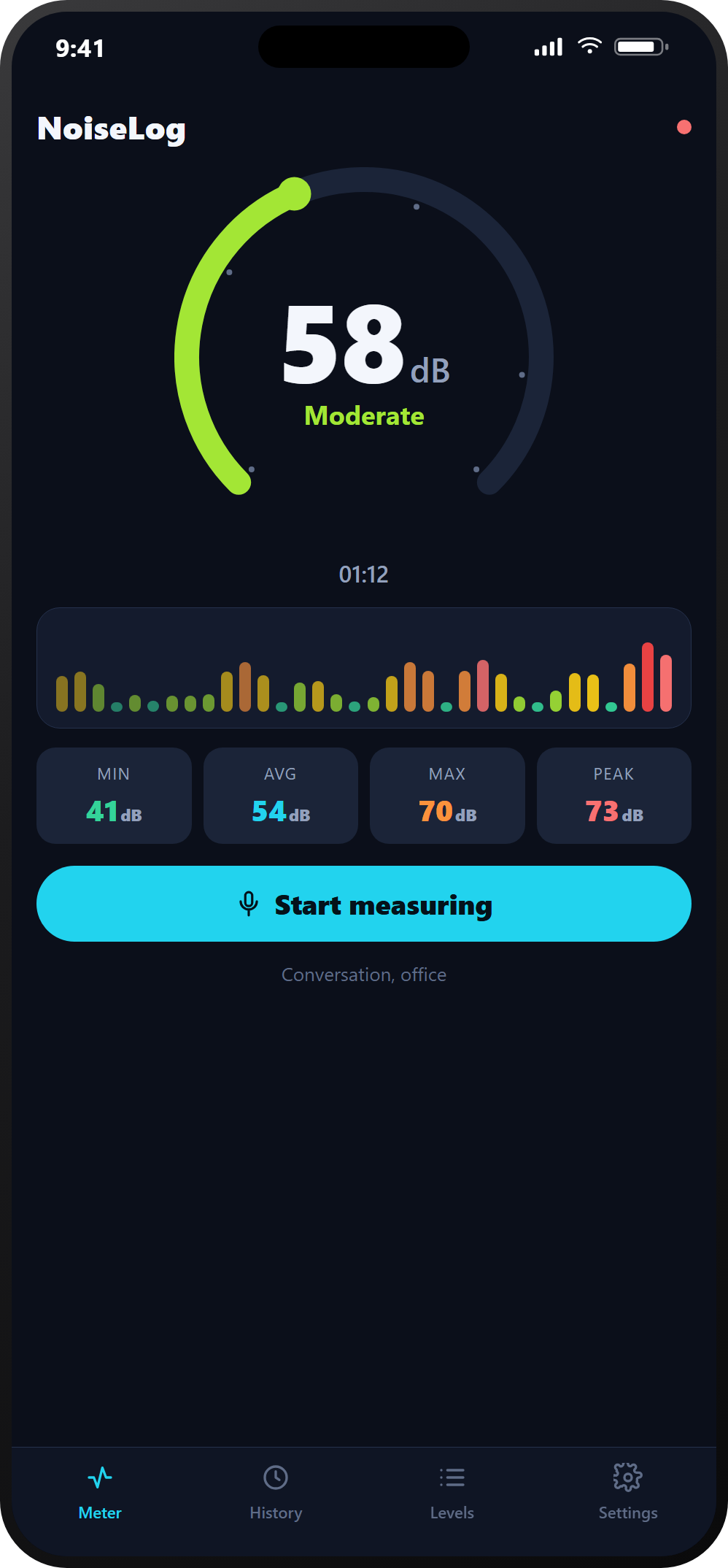 NoiseLog measuring 58 decibels on iPhone