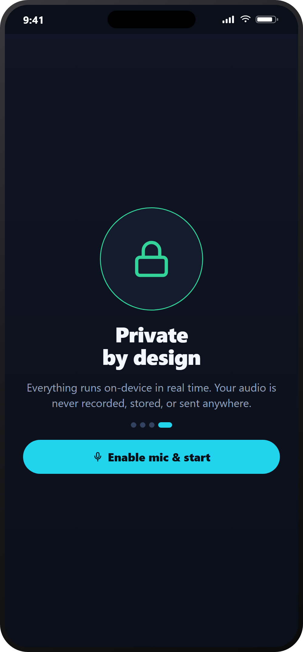 NoiseLog privacy screen: audio is analyzed on-device